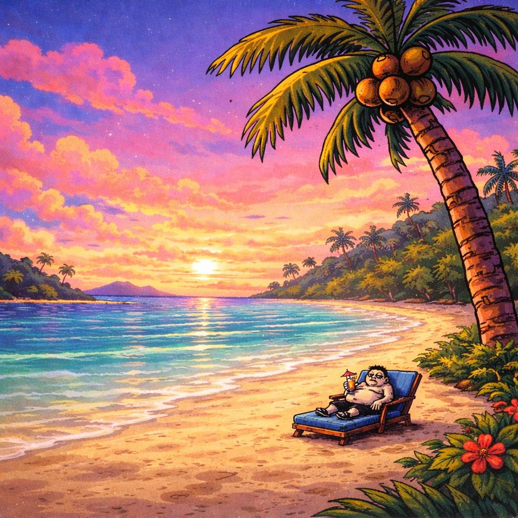 Fat Chungus reclining on a beach lounger at sunset, cocktail in hand